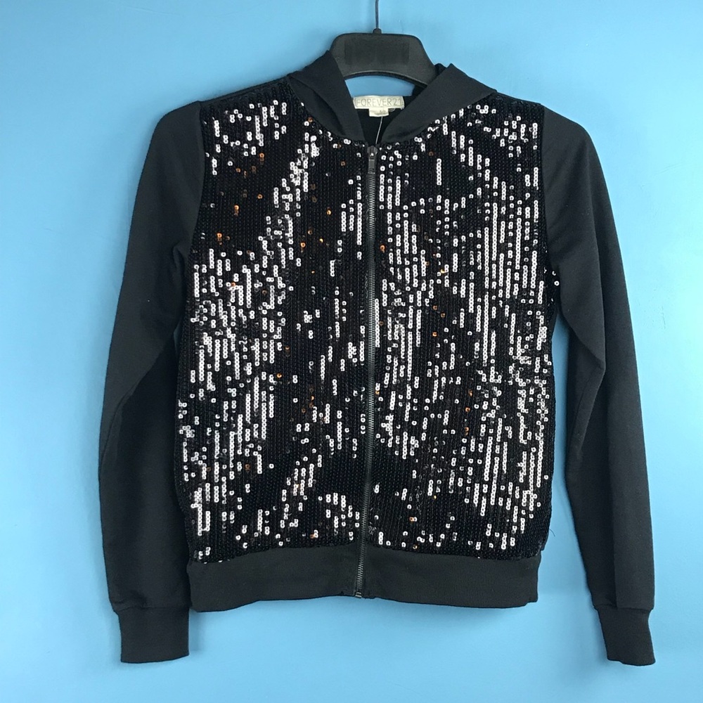 Forever 21 Sequin Front Black Hoodie Size Small
